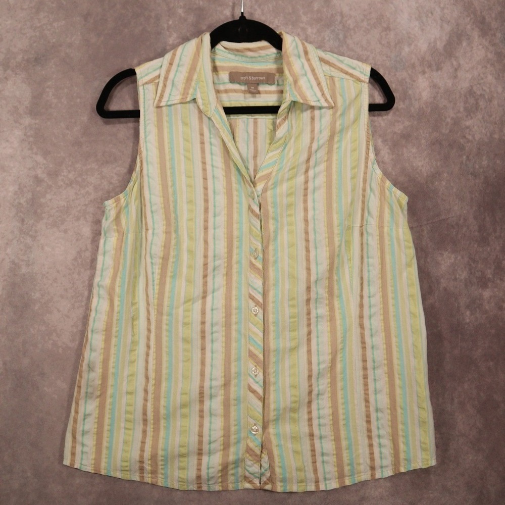 Croft & Barrow Sleeveless Striped Button Front Cotton Blouse Top M Y2K Coastal